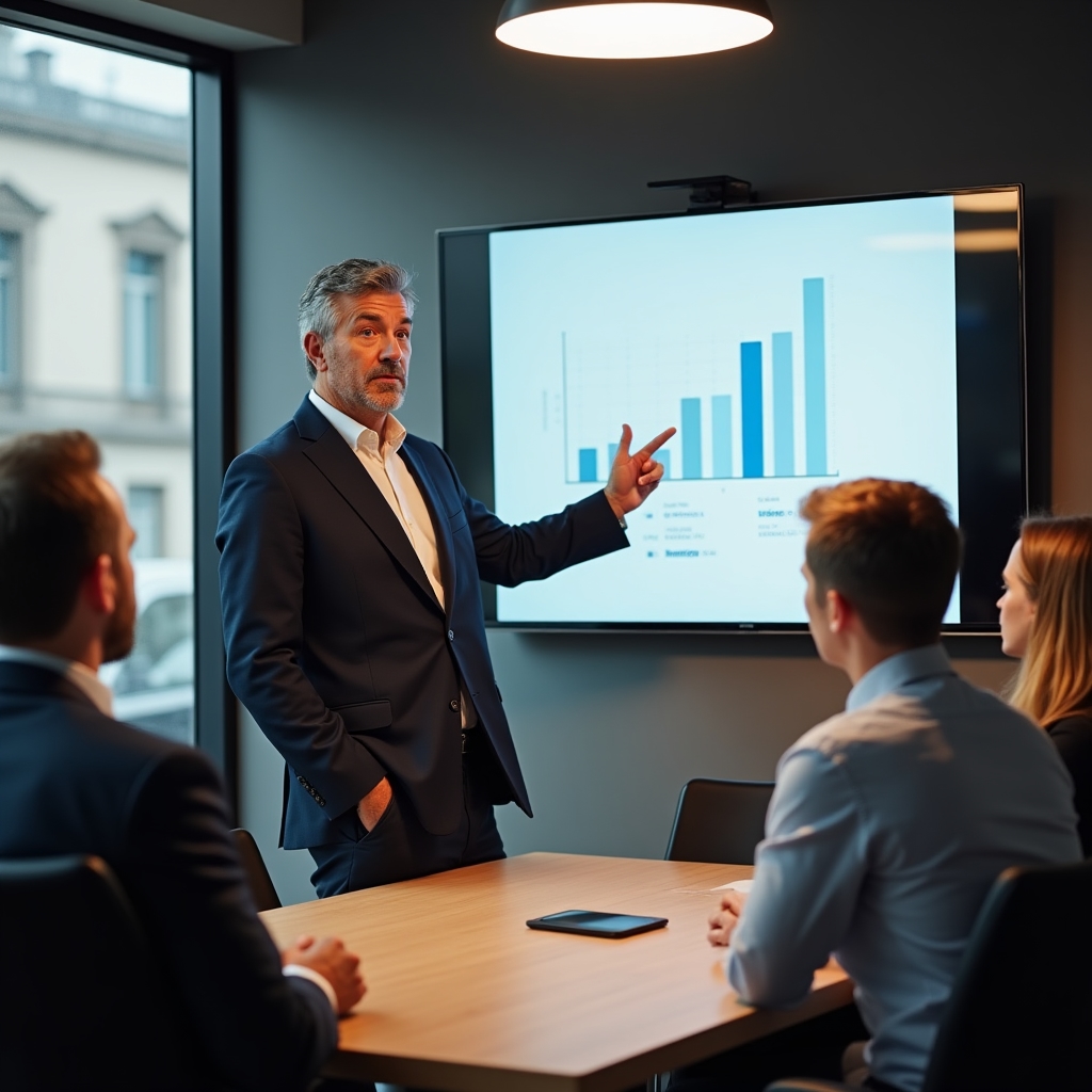 Manažér prezentuje výsledky tímu pomocou digitálnych nástrojov